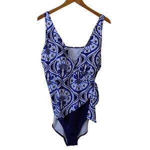 Bal Harbour Swimsuit Women 20 Blue One Piece Summer Seychelles‎ Faux Wrap Sash